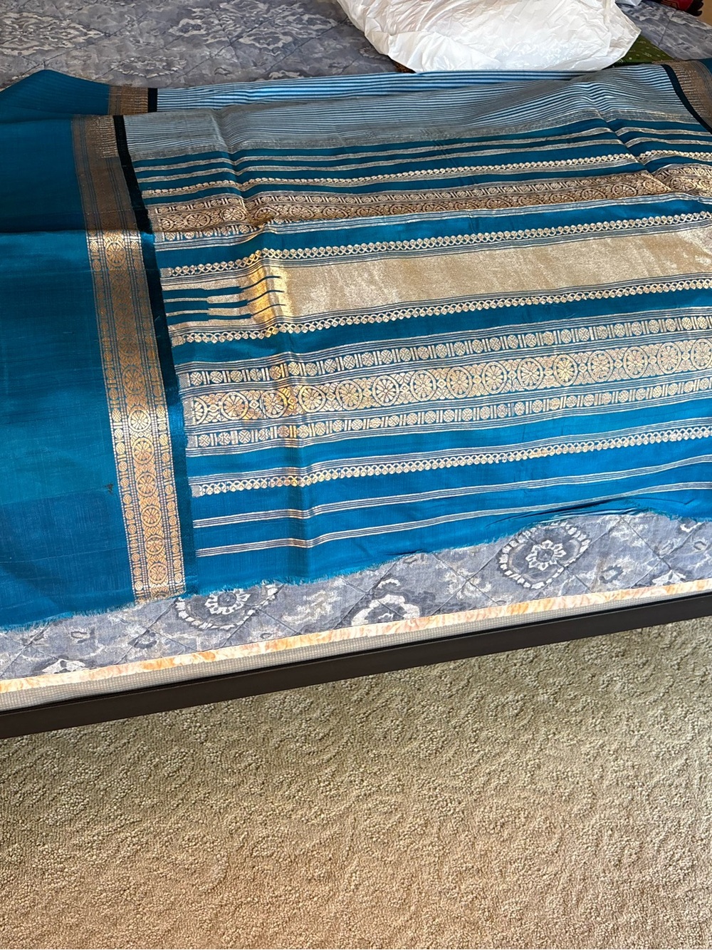 KANJIVARAM SILK SAREE BLUE AND GOLD SOUTH INDIAN SILK WITH DOUBLE BORDERS